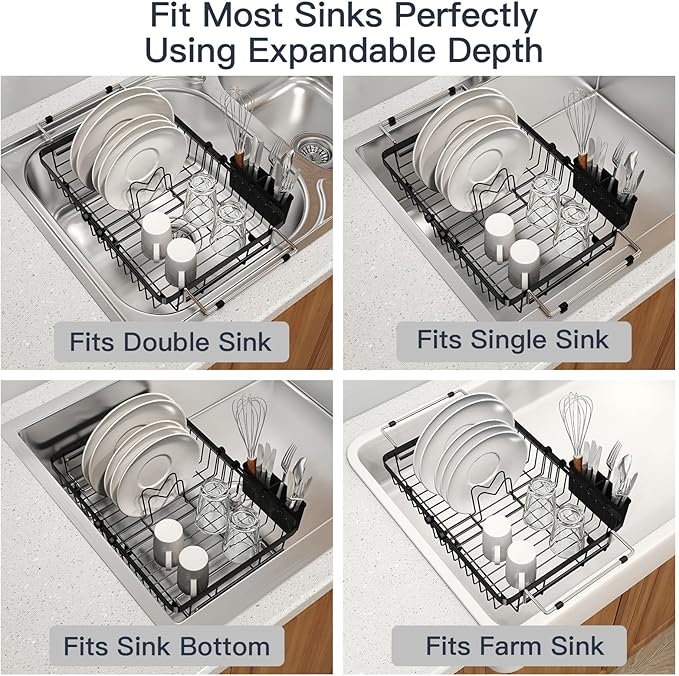Dish Drying Rack Over The Sink with Utensil Holder | Expandable Stainless Steel Dish Drainer for Small Kitchen, Apartment, RV, Counter Space Saving, Perfect Fit, Rustproof