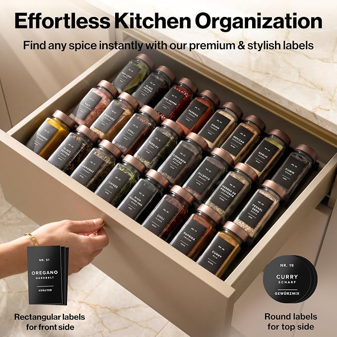 Glass Spice Jars with Label, 24x Champagne Bronze Steel Lids | Airtight Lids keep spices fresh, Kitchen Spice Drawer Organizer, 4oz Seasoning Containers incl. Funnel, Brush & 240 Labels