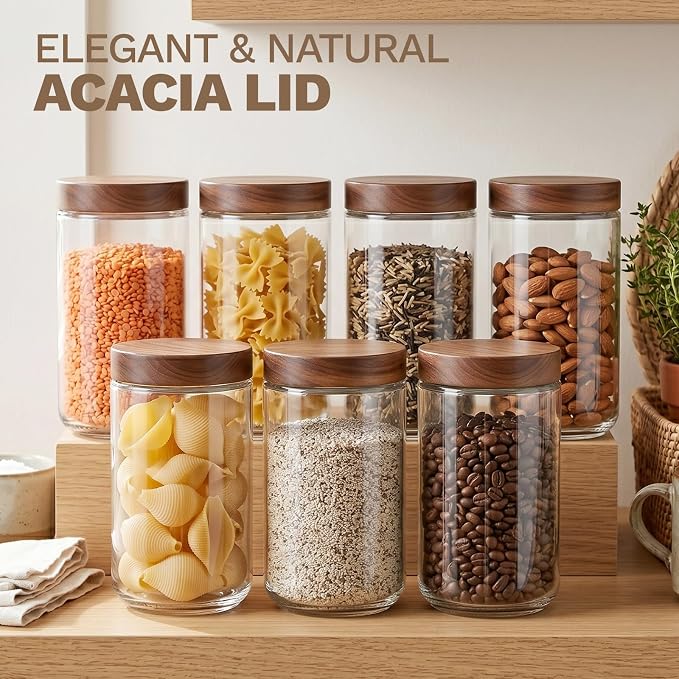 Bumobum 24 oz Glass Jars with Acacia Lids, Food Storage Containers, 4 Pack | Acacia Wood Lids, Airtight Seal, Food Containers for Coffee, Sugar, Loose Tea, Spice, Cereal, Snack, Pantry Storage