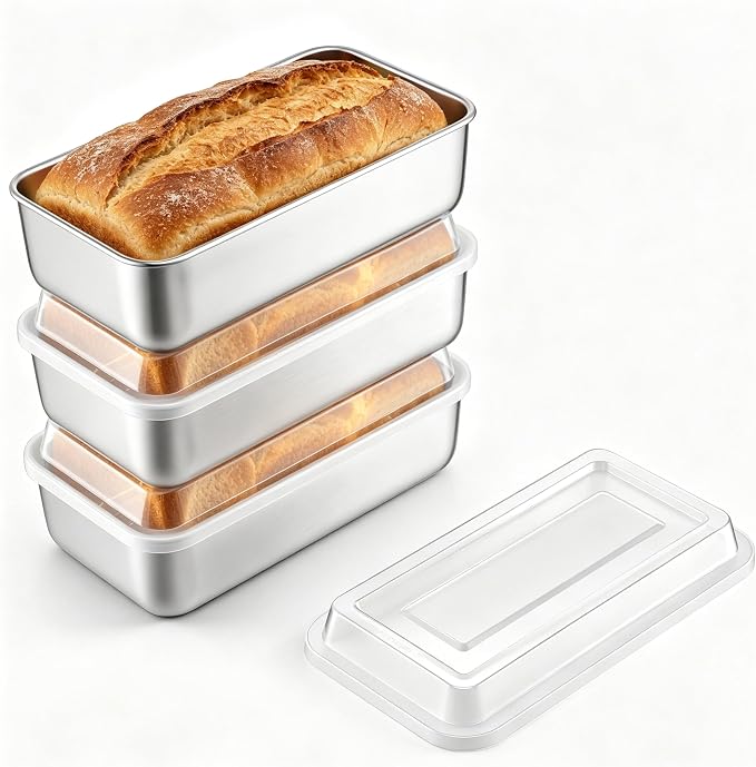 E-far Loaf Pan with Lids, 9 x 5 Inch Stainless Steel Bread Pans Set of 3 | for Homemade Bread, Rectangle Baking Tins for Sourdough, Meatloaf, Banana Cake, Nontoxic & Dishwasher Safe
