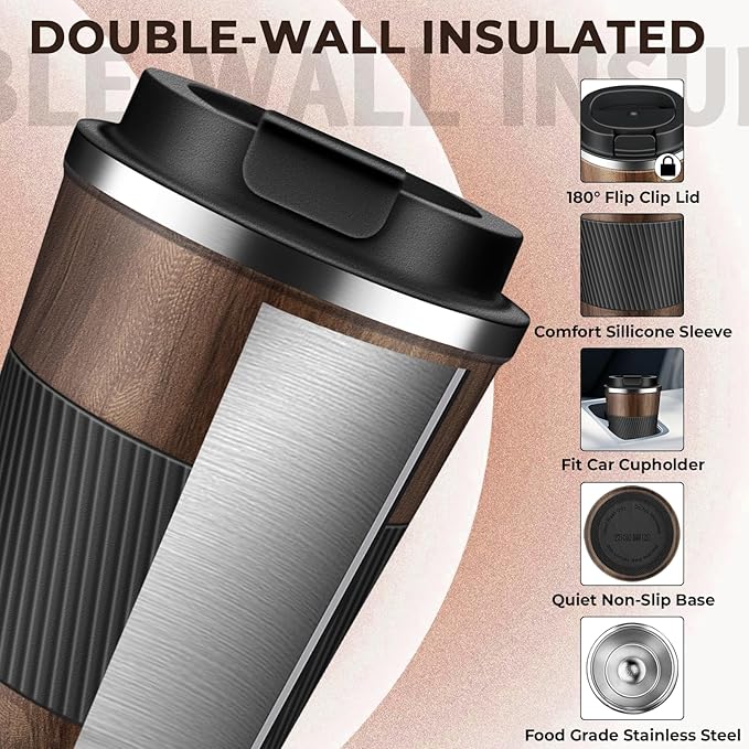 Insulated Coffee Tumbler 12 oz, Stainless Steel Coffee Mug with Lids, Travel Coffee Mug Leak Proof, Double Wall Vacuum Insulated Reusable Coffee Cup, Keep Drinks Hot and Cold (Wood, 12 Ounces)