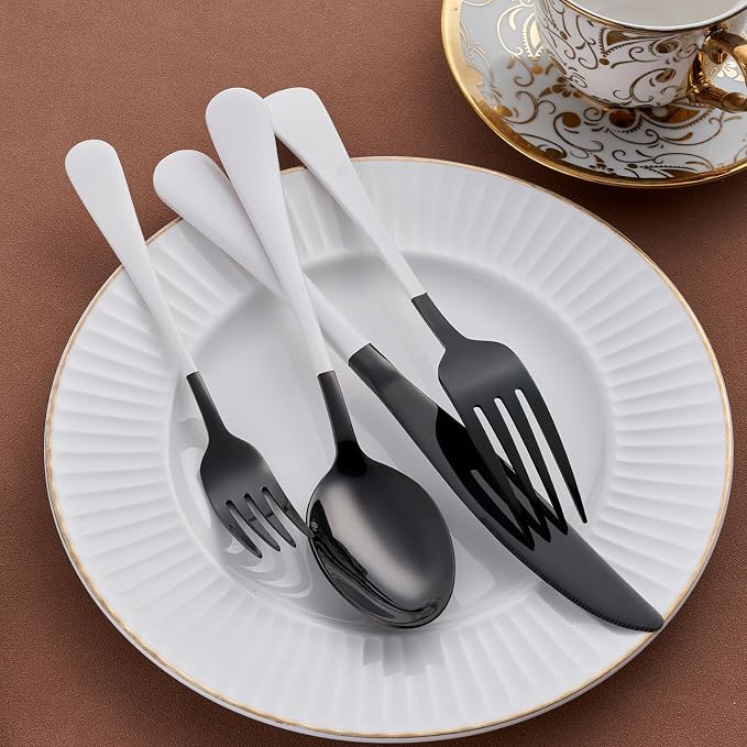 20-Piece Black Silverware Set 18/0 Stainless Steel Flatware White Handle Cutlery Set Service for 4 Dinner Knives Forks Spoons Set Mirror Finish Dishwasher Safe