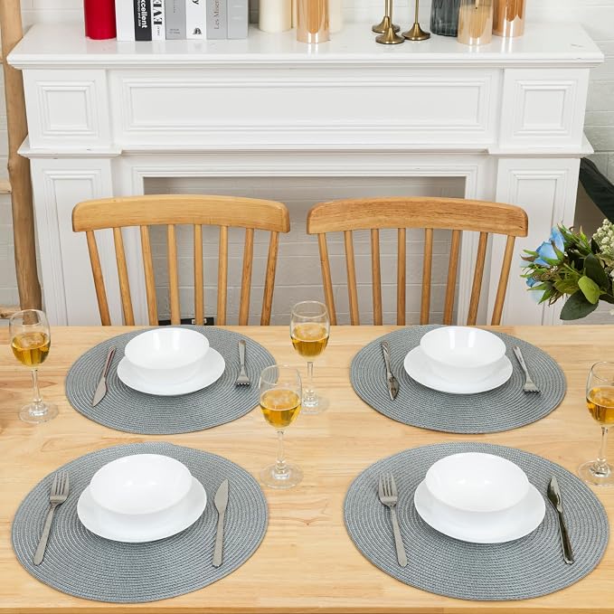 Winknowl Round Braided Placemats Set of 4 Washable Woven Heat Resistant Table Mats for Kitchen Dining Tables 15 inch Round Place Mats (Light Gray,4pcs)
