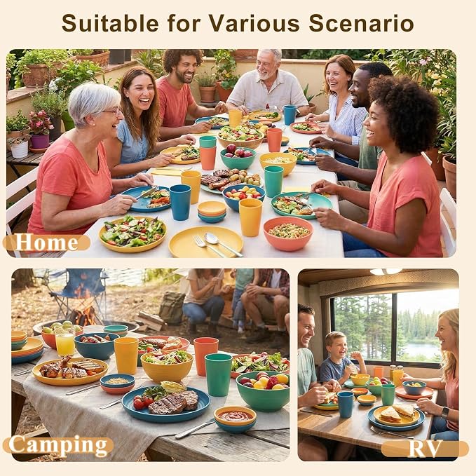 Wheat Straw Dinnerware Sets 40 Piece, Kitchen Plates and Bowls Set, Unbreakable Dishes Set for 8, Microwave and Dishwahser Safe Dishware Sets for Home, Camping, RV, Party - Multi