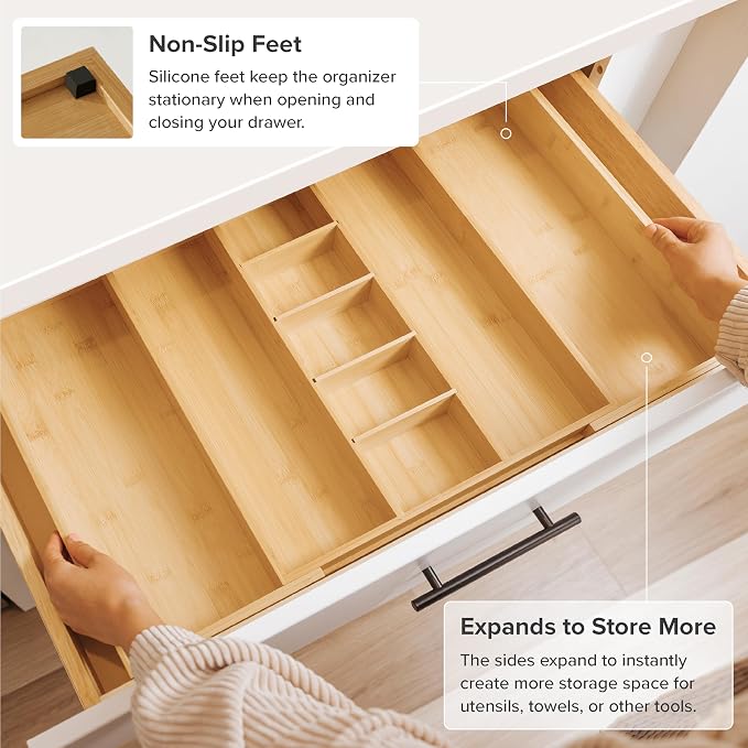 Utensil & Junk Drawer Organizer, 16-28 in, Bamboo | Food-safe contract grade, 100% sustainable wood, non-slip, adjustable