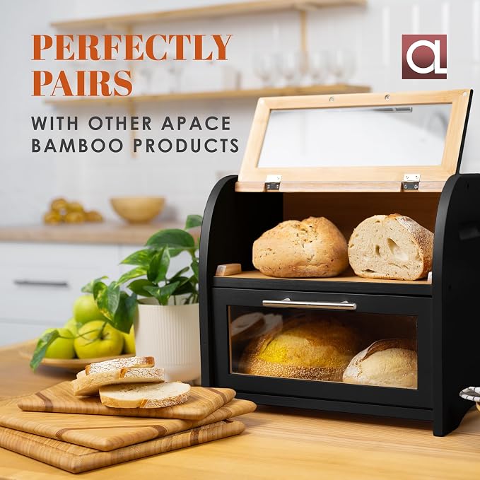 Arise Stylish Bamboo Bread Box for Kitchen Countertop, Extra Large 2-Shelf Wooden Bread Storage Container with Clear Windows and Air Vents Keep Bread, Bagels and Rolls Fresh, Self Assembly | Bread Storage Container with Clear Windows & Air Vents, Bread...