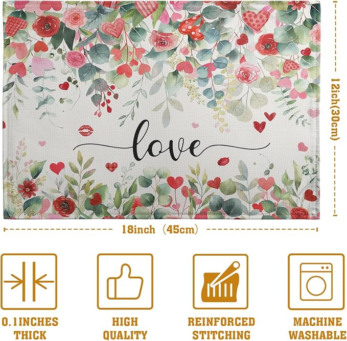 Valentines Day Love Heart Rose Placemats Set of 4 Valentine Eucalyptus Leaves Linen Table Mats Heat 12x18 Inch Spring Resistant Washable Table Mats for Kitchen Dining Decoration
