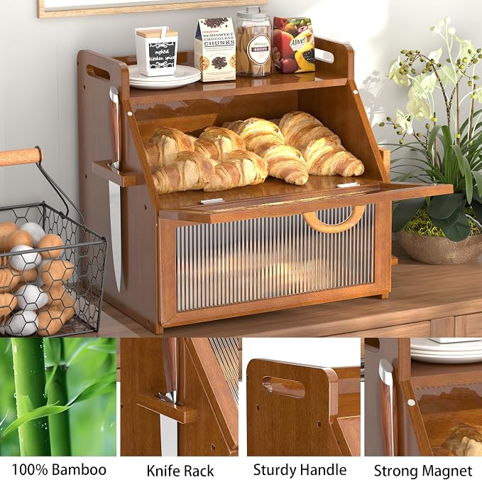 Bread Box for Kitchen Countertop, Large Bread Storage Container for Homemade Bread, Vintage Wooden Farmhouse Breadbox Organizers, Double Layer Bread Bin with Acrylic Window Bread Holder