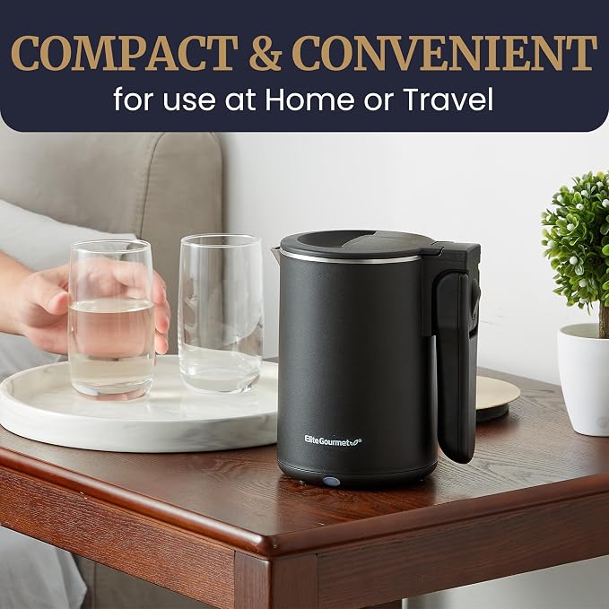 Elite Gourmet Dual-Voltage Travel Kettle, 0.6L Stainless Steel, Black | 120-230V, Cool-Touch Double Wall Insulated, Hinged-Locking Lid, Auto Shut-Off & Boil-Dry Protection