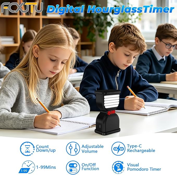 Pomodoro Timer for Productivity, Visual Countdown with Flight Flow | 5/25Min Preset, Custom Countdown, On/Off, Rechargeable, Silent, Desk Flip Hourglass Timer for ADHD Gift Study, Work, Kitchen