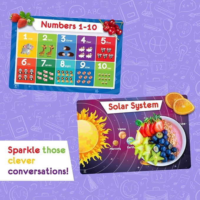 Simply Magic 5 Educational Placemats for Kids – Kids Placemats Non Slip | Washable Reusable Plastic Place Mats for Toddler, Alphabet ABC, Shapes, Colors, Numbers, Solar System Learning Place Mats