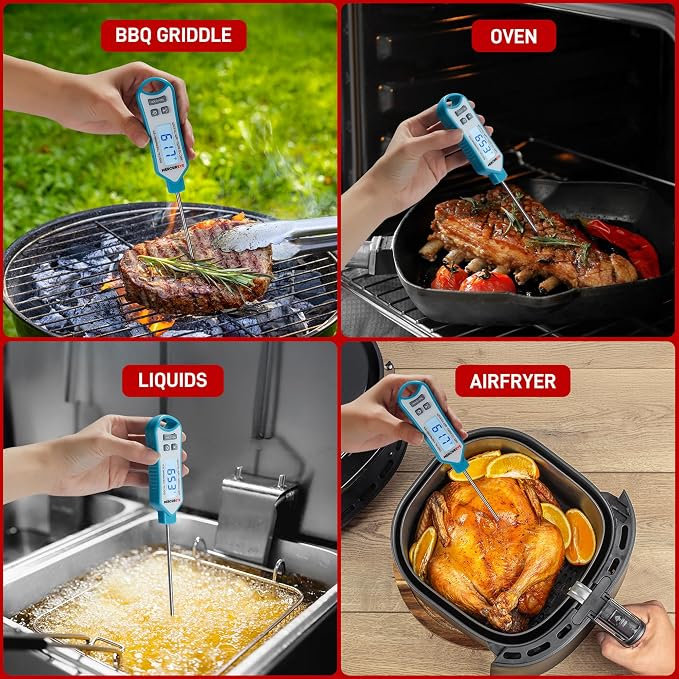 Meat Thermometer Digital, Instant Read Food Thermometer – Waterproof Nonslip Grip Kitchen Timer & Temp Chart Thermometer for Cooking Candy, Oil Fry Indoor & Outdoor Grilling Smoker Roast