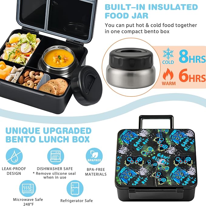 Bento Lunch Box with 9.5 oz Soup Thermo, Kids Leakproof 4 Compartments Bento Box with Silicone Cupcake,Fruit Fork,Spoon and Sauce Cup,Insulated Food Jar for School Travel-Game