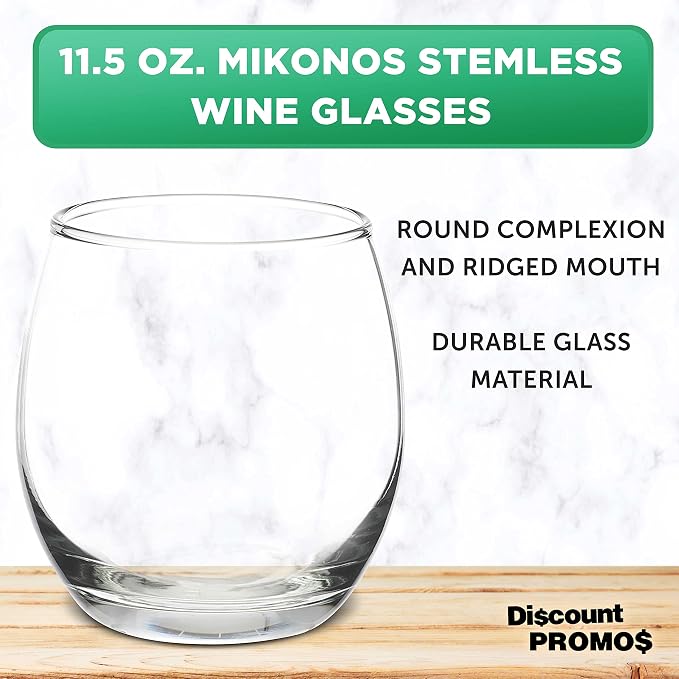 DISCOUNT PROMOS Mikonos Stemless Wine Glasses 11.5 oz. Set of 10, Bulk Pack - Restaurant Glassware, Perfect for Red Wine, White Wine, Cocktails - Clear Bottom Color