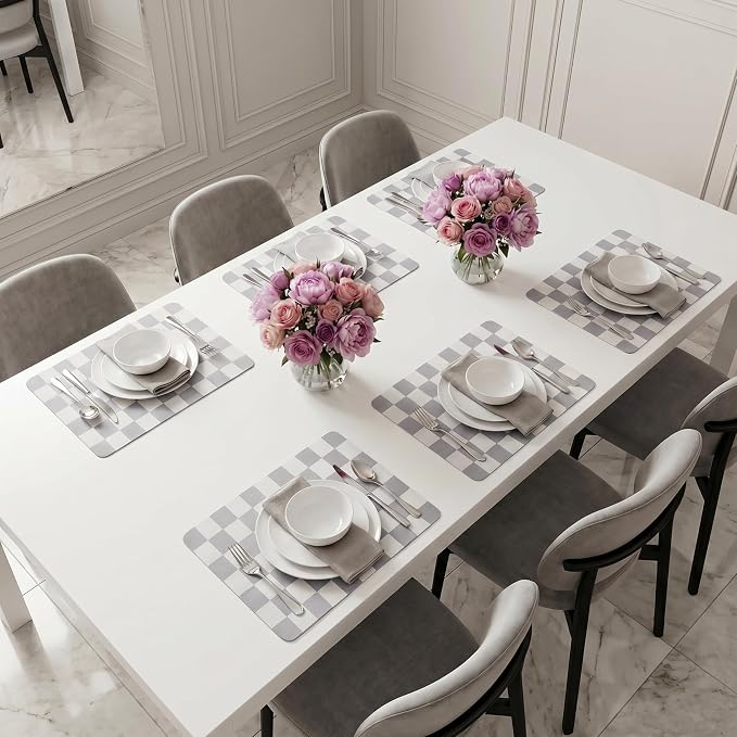 Set of 6 Checkerboard Non-Slip Washable Placemats for Dining Table | Waterproof & Heat-Resistant Faux Leather Mats | Easy Wipe Clean Tablemats for Indoor Dining, 17’’×12’’, Grey