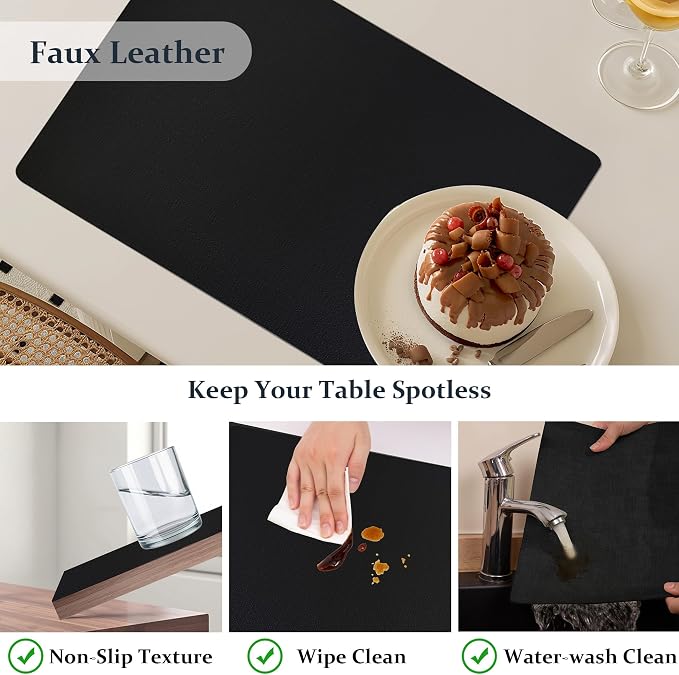 FROMHEART Faux Leather PU Placemats Set of 6 (Black,11.8" x 17") | Waterproof,Heat/Oil Stain-Resistant Table Mat–Reversible,Non-Slip,Easy to Clean Place Mats for Kitchen,Dining,Indoor/Outdoor