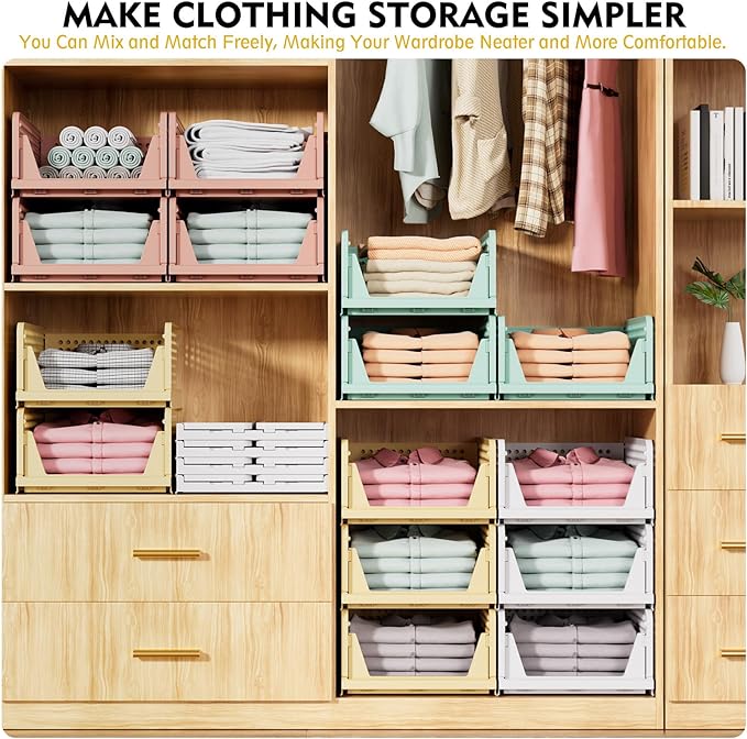 8 Pack Closet Organizers and Storage, Stackable & Foldable Closet Bins | Closet Storage Basket for Bathroom, Kitchen, Laundry Room, Drawer Shelf & Wardrobe Storage, Space-Saving Design, White