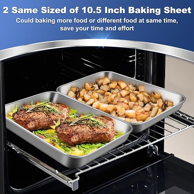P&P CHEF Baking Sheet Pan, Stainless Steel Cookie Sheet, 10.5 Inch & 2 Pcs | Oven Tray Sheet Pan for Baking & Serving, Baking Tray for Multi Uses, Heavy Duty & Non-toxic, Rust Free & Dishwasher Safe