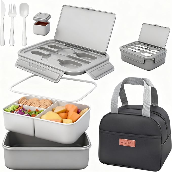 Bento Lunch Box for Adult & Kids, 1100ml Stackable Leak Proof Grey | Includes lunch bag, spoon, fork, sauce box,BPA-free & dishwasher safe,For adults.child, school, work, office, travel, picnic