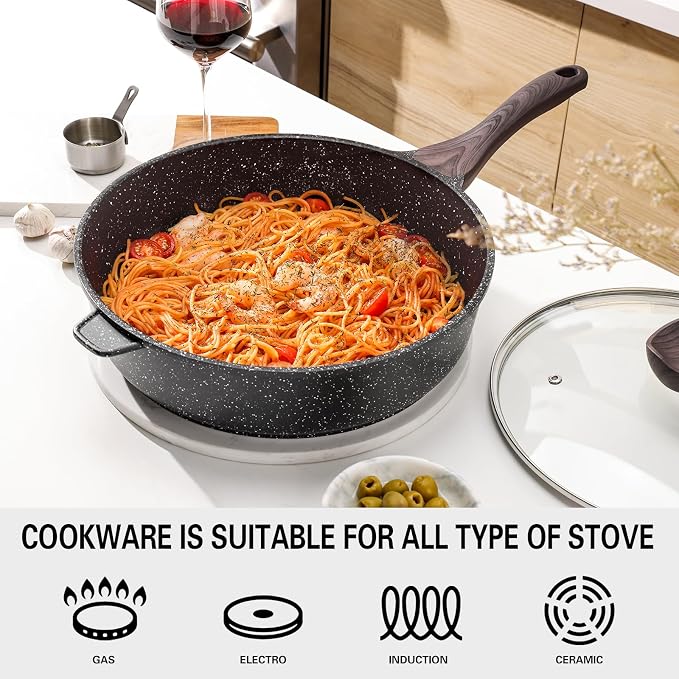 Kordisen Nonstick Deep Frying Pan with Lid, 12 Inch Large Skillet, 5 Qt Non Stick Saute Pan for Cooking, Healthy Induction Cookware, PFOA Free | Large Skillet, 5 Qt, Saute Pan, Healthy Coating, Induction, PFOA Free