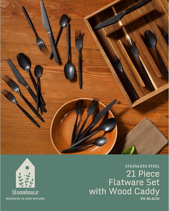 Two Time Oprah's Favorite Things Winner - 20 Piece Stone Washed Black Flatware 18/10 Stainless Steel Silverware Cutlery Utensil Set With Acacia Wood Caddy - Service for 4
