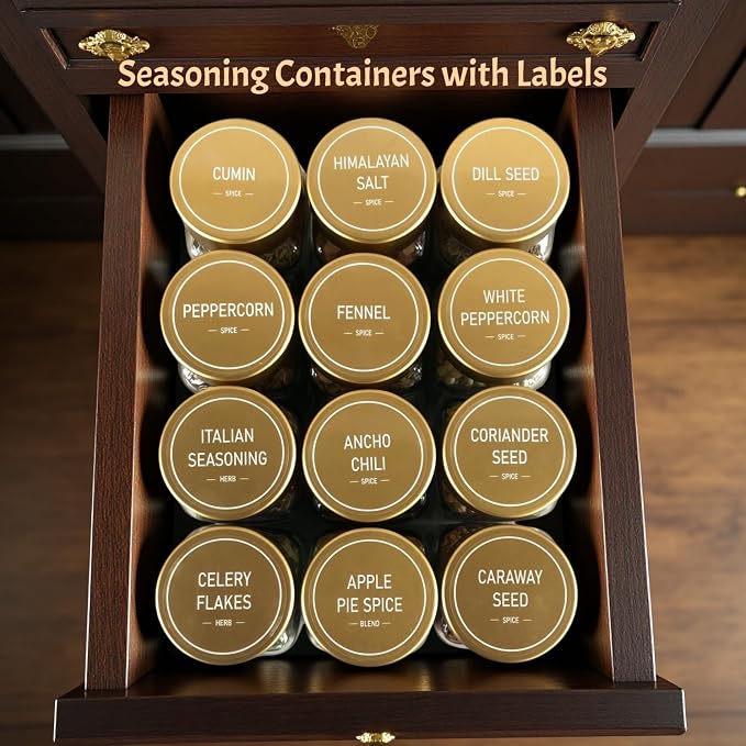 24 Pack Spice Jars with Labels - 4oz Square Glass Seasoning Containers with Shaker Lids & Airtight Metal and Plastic Caps - Complete Spice Organizer Set for Cabinet, Drawer & Rack (24)