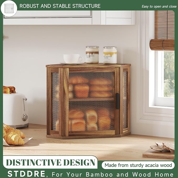 STDDRE Corner Bread Box for Kitchen Countertop 2-Tier Acacia Wood Kitchen Countertop Bread Storage Large Capacity Farmhouse Bread Box with Window Bread Holder Corner Food Organizer (Medium)