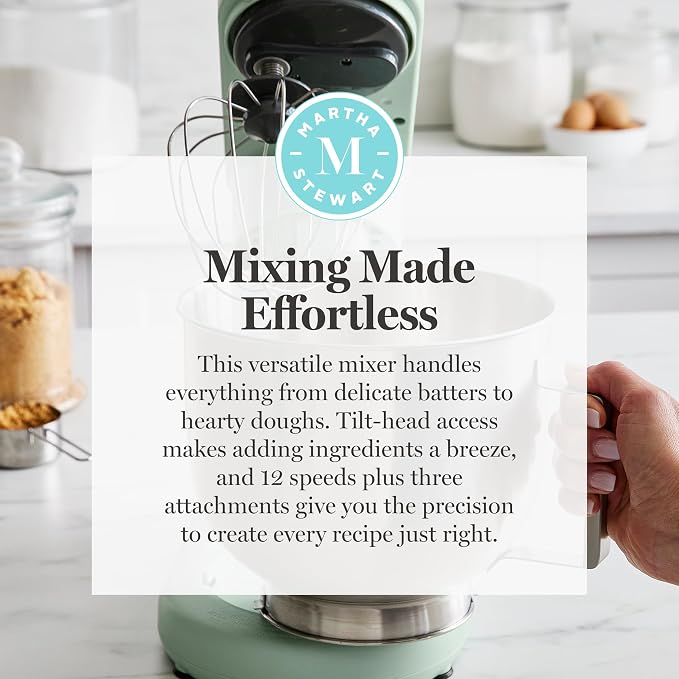 Martha Stewart 5.3QT Tilt Head Stand Mixer, 12 Speeds, Stainless Steel Bowl | Dough Hook, Stainless Whisk, Beater, Removable Splash Shield, Bread, Cake & Whipping, Electric Kitchen Mixer, Honeydew Green