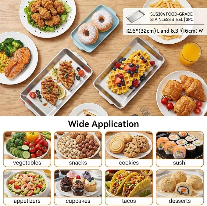 3 Packs 304 Stainless Steel Serving Platters, Rectangle Metal Dinner Plates with Handles, Decorative Organizer Trays for BBQ, Dining, Party, Buffet, Appetizer Serving(12.6" x 6.3")