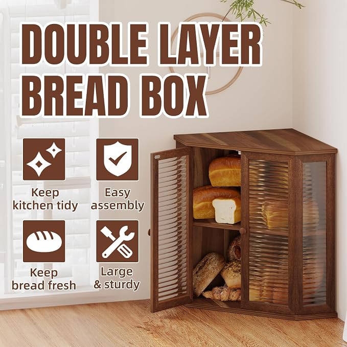 Corner bread box Bread Box for Kitchen Countertop - Corner Bread Storage Box 16.51" H, Premium Wood with Glass Door, Perfect for Homemade Bread, Baguettes & Pastries (Acacia brown)