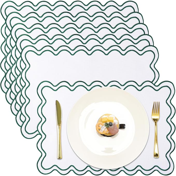 HunnmingRe White with Dark Green Set of 6 Cotton Linen Wedding Placemats, 13x19 Inch Scalloped Wavy Embroidery Placemat Double Layered Washable Rustic Rectangle Dinner Table Mat for Home Decor