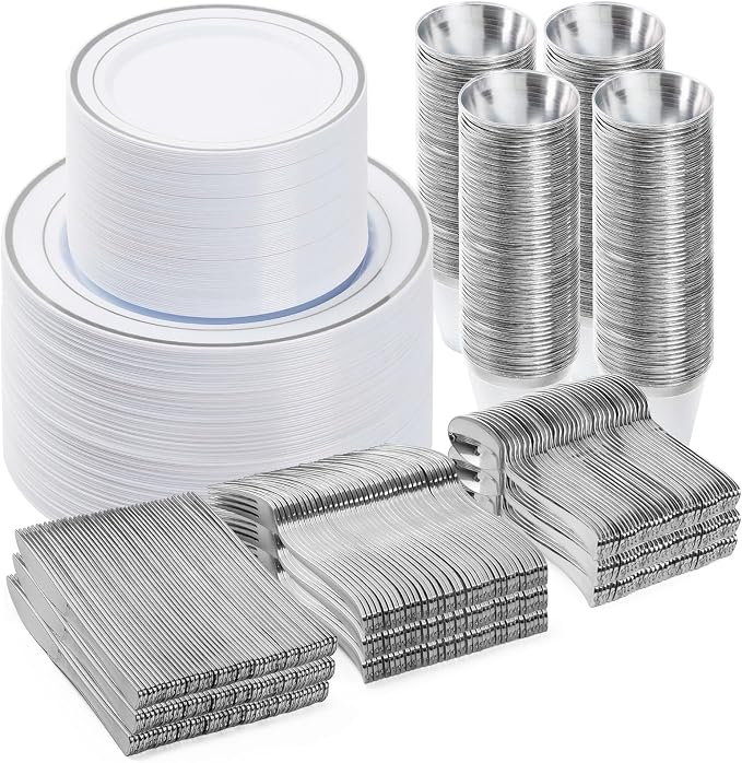 BESTVIP 600PCS Silver Dinnerware Set for 100 Guests, Plastic Plates for Party, 100 Silver Disposable Plates, 100 Dessert Plates, 100 Cups, 100 Spoons, 100 Forks and 100 Knives | Plastic Plates for Party, 100 Silver Disposable Plates, 100 Dessert Plates...