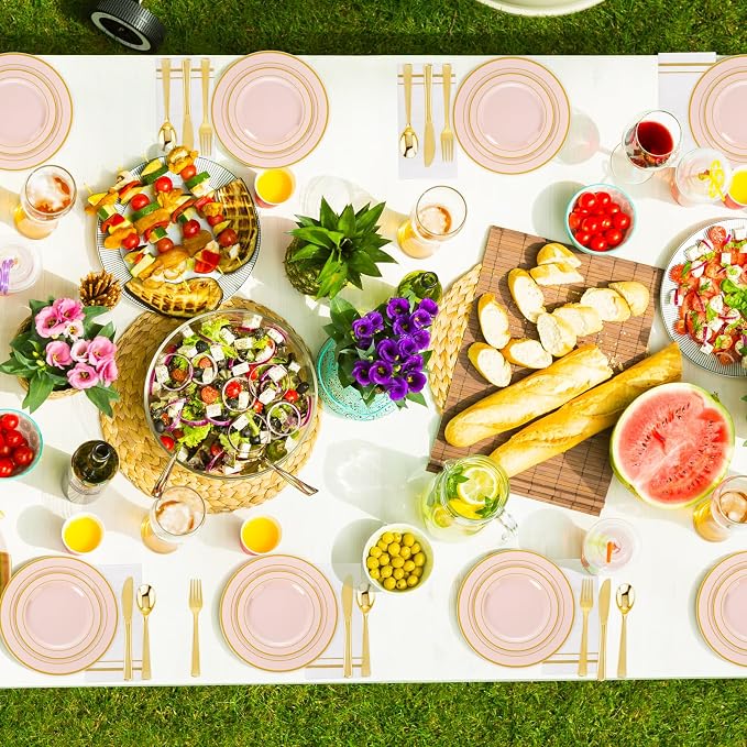 GATHER 700PCS Pink Plastic Plates 100 Guest with Gold Rim for Wedding Party | Pink Disposable Plastic Dinnerware Set include 200 Pink Plates, 300 Silverware, 100 Napkins, 100 Cups for Baby Shower