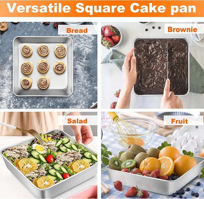 TeamFar 9 x 9 Baking Pan, Square Cake Pan with Lid - 2 Pans + 2 Lids | Stainless Steel for Baking Cooking Brownie Lasagna, Portable for Home Outdoor Camping, Non-Toxic & Dishwasher Safe