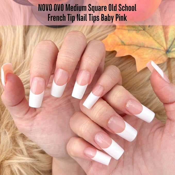 NOVO OVO Old School Retro French Tips Nails Press on, Medium Length Tapered Square BABY PINK, Extra Thick Soft Gel Fake Acrylic Extension, Need Builder Gel, Top Coat, Glue 15 Sizes 240 pcs