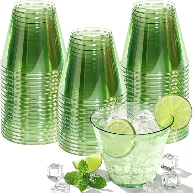 Glowserve 9 OZ Green Disposable Plastic Cups Cocktail Cup 50 Pack | Fancy Cocktail Cup,Stemless Wine Glass,Wedding Wine Glasses,Graduation Birthday,Party Essentials