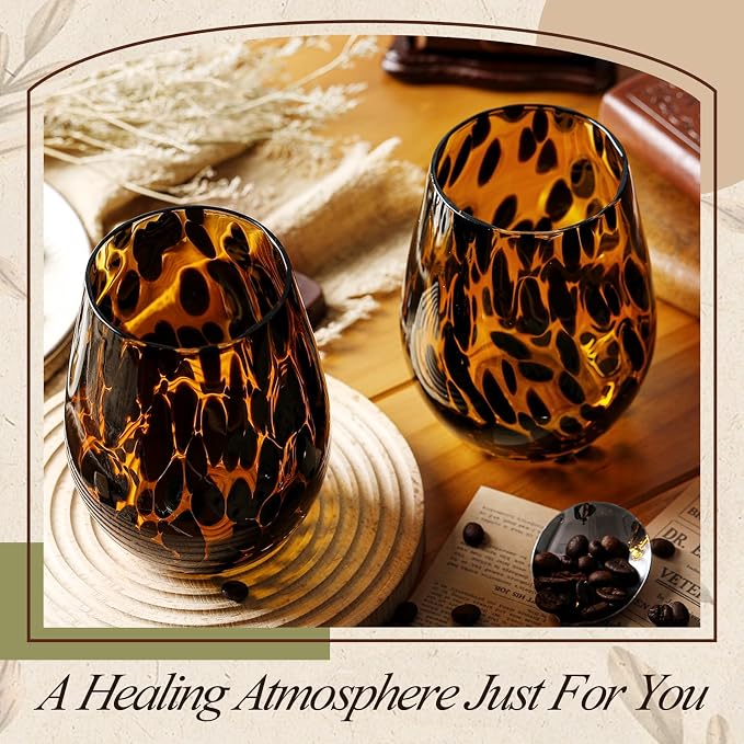 SiliFine Set of 2 Tortoise Shell Stemless Wine Glasses, 16oz Vintage Brown Decorative Glassware, Aesthetic Hand Blown Leopard Print Drinkware for Cocktail, Gin, Gifts for Party, Housewarming