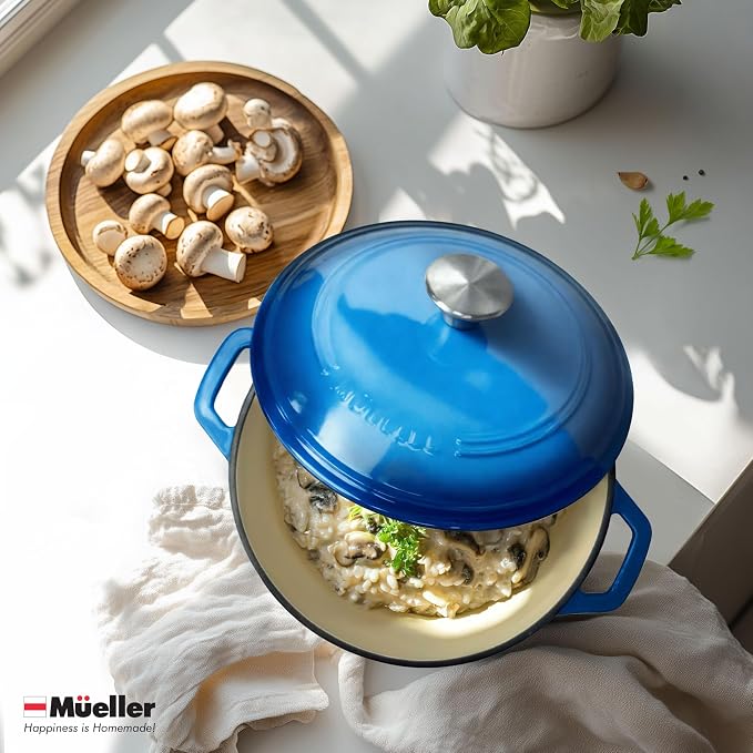 Mueller 6qt Enameled Cast Iron Dutch Oven, Heavy-Duty Casserole and Braiser Pan with Lid and Knob, Safe for All Cooktops, Aqua Blue | Casserole & Braiser Pan, Sourdough Bread Baking, PFOA-Free, Oven Safe to 500°F, All Cooktops incl. Induction, Aqua Blue