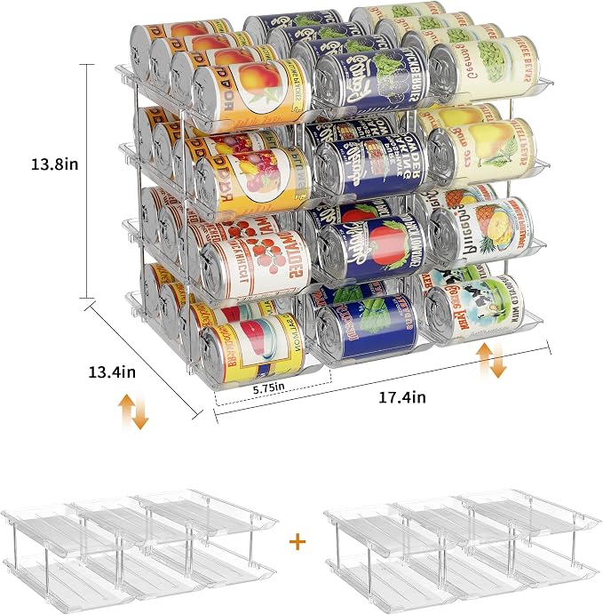 LXLXXL Can Organizer for Pantry Canned Food Storage Goods Holders 4 Tier | Automatic Rolling, Clear Acrylic Can Storage Rack, Sturdy and Stackable, for Fridge Cabinet Pantry Kitchen Desktop Storage