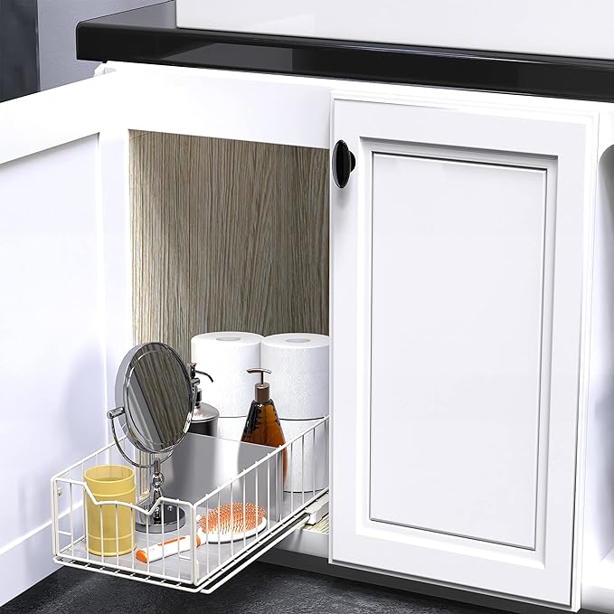 Simple Houseware Pull-Out Cabinet Sliding Basket, 17.2Dx9.7Wx5H, White | Ideal for Kitchen and Bathroom Cabinet Storage Organizer, Under Sink or Pantry Organization
