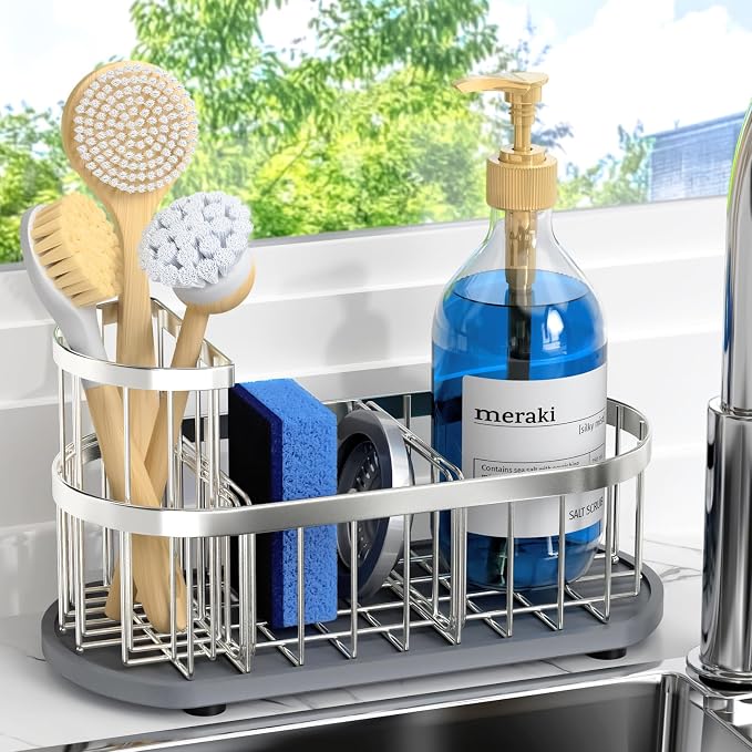 Sink Caddy Kitchen Sink Organizer, Sponge & Brush Holder, Stone Drying Mat | Space-Saving Sink Sponge Holder with Full-Size Tool Storage, Fits Most Sinks, Kitchen Sink Accessory and Countertop Organizer