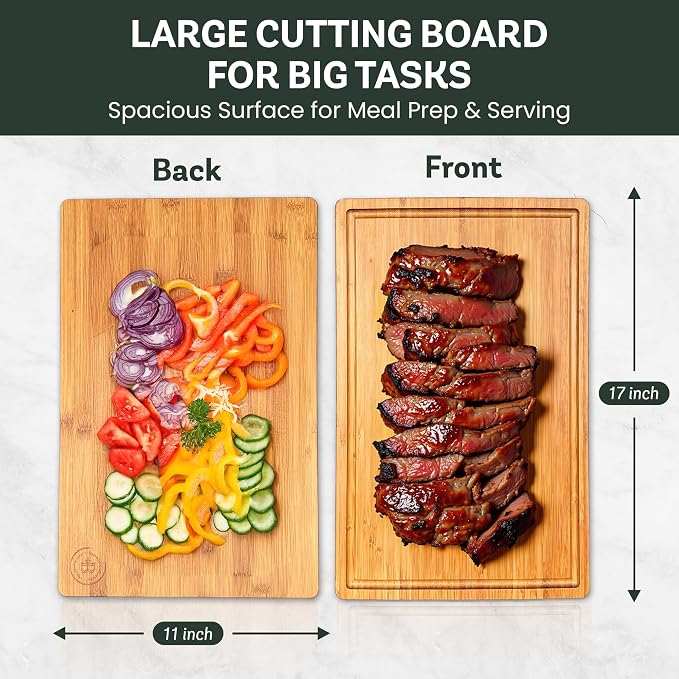Bamboo Cutting Board for Kitchen - 17" Large Wooden Cutting Board, Heavy Duty Chopping Board with Side Handles, Deep Juice Groove, Reversible Charcuterie & Cheese Board for Meat and Serving