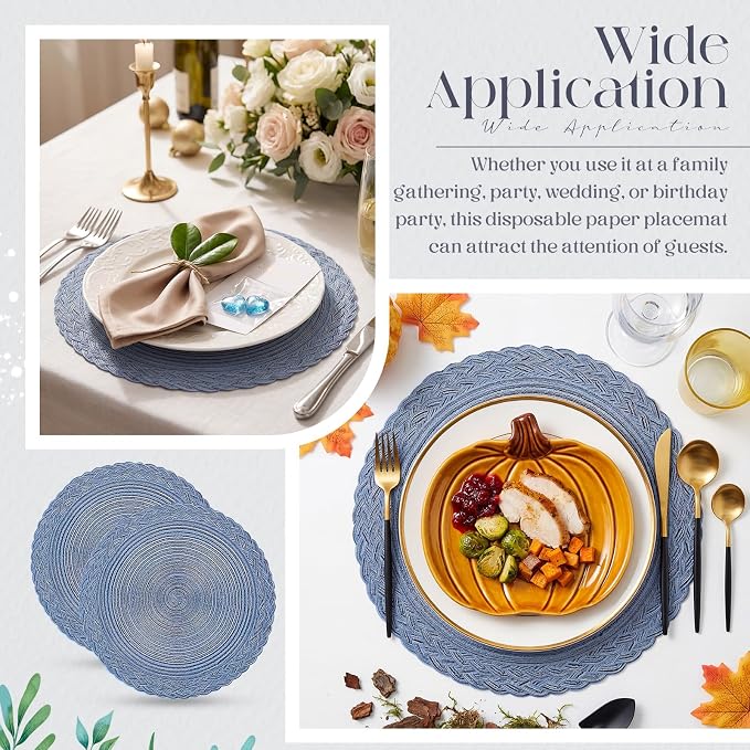 Geosar 100 Pcs Disposable Paper Placemats Cotton Woven Look 13'' Boho Round Placemats with Wavy Edge Rustic Table Pads Bulk for Dining Table Decoration Birthday Wedding Bridal Party (Navy Blue)