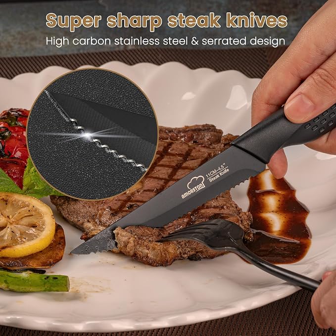 Steak Knives, Steak Knives Set of 8, Stainless Steel Steak Knife Set, Serrated Knives Dishwasher Safe, Elegant Black Mothers Day Gifts for Women