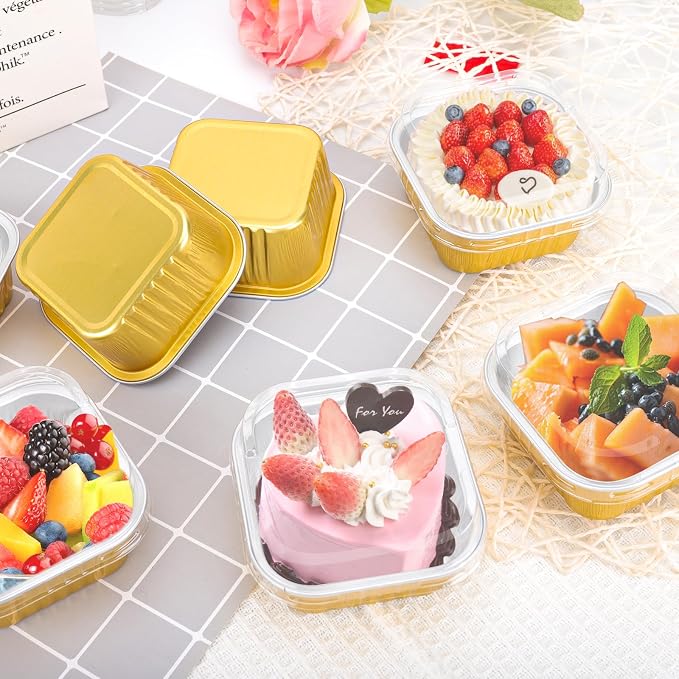 30Pack 5oz Gold Mini Cake Pans with Lids Baking Cups Aluminum Foil Pans Tins, Individual Dessert Cups Containers for Sales,Party,Picnics