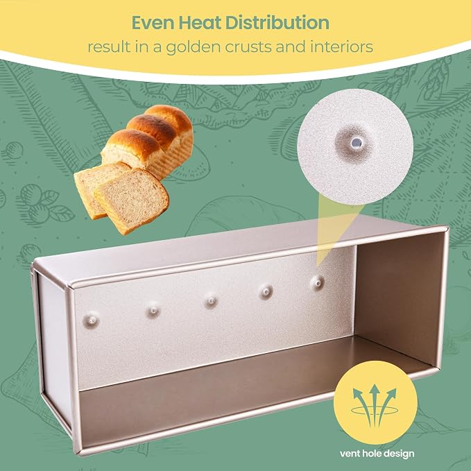 Commercial Pullman Loaf Pan with Lid, 2.2Lb Dough Capacity Non-stick Rectangle Flat Toast Box for Oven Baking 13.6"×5.4"×4.7"(Champagne Gold)