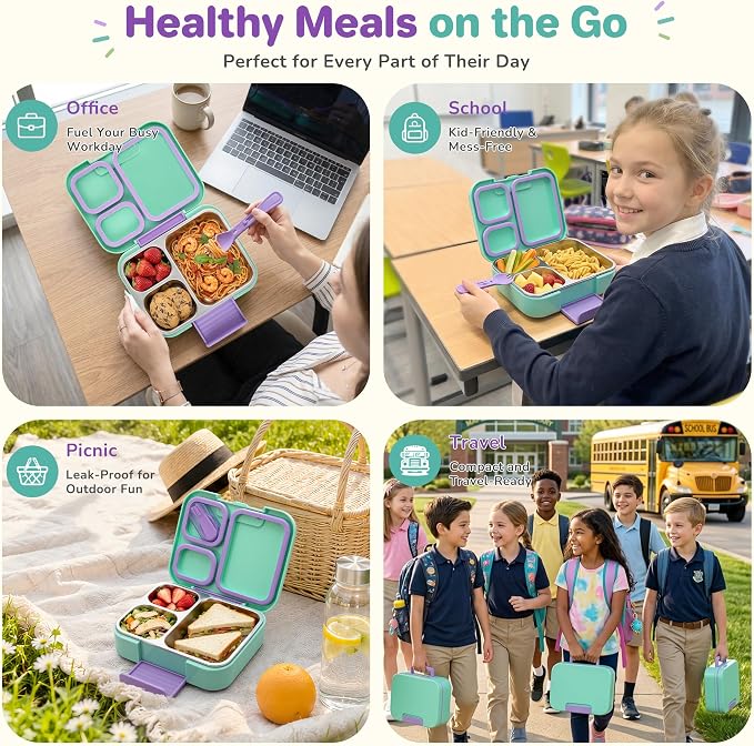 Bento Lunch Box for Kids, 3 Compartment 304 Stainless Steel Food Container with Handle & Spork, Kids Lunch Box Fits Ice Pack, BPA-Free, Green