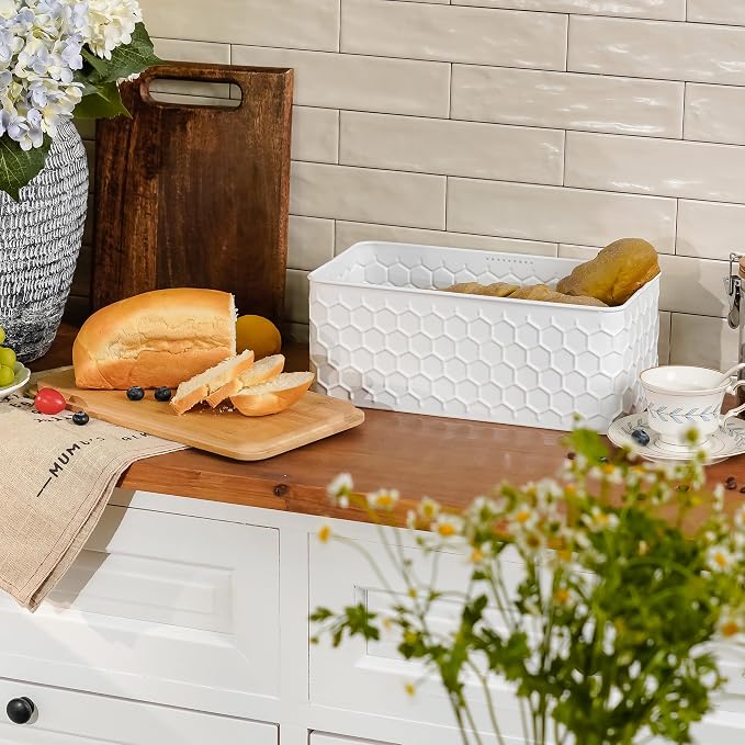 Large White Honeycomb Embossed Bread Box with Bamboo Lid | Corner Breadbox for Homemade Bread, Metal Bread Storage Container Bin for Kitchen Countertop