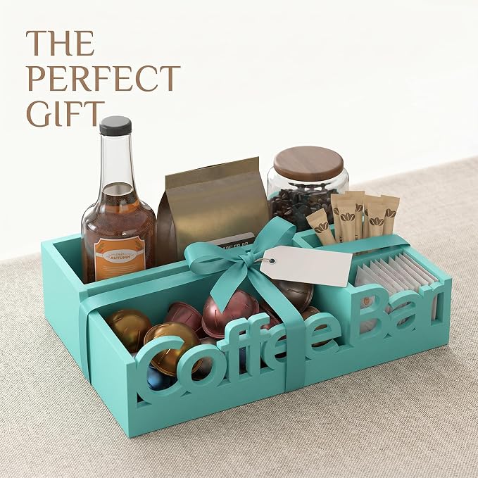 Coffee Bar Organizer Countertop, Wood Coffee Pod Holder & Condiment Caddy | Coffee Pods, Sugar Packets, Stir Sticks & Cups