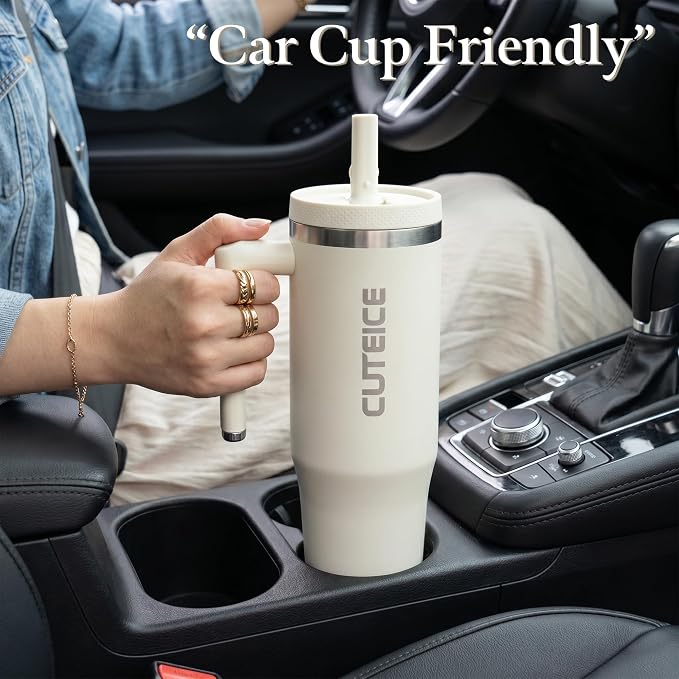 Cream 30 oz Insulated Tumbler with Handle Coffee Tumbler Cups with Lid and Straw, Leakproof Insulated Cup Stainless Steel Travel Mug Water Bottle for Iced Tea, Coffee, Cold Beverages for Car Office